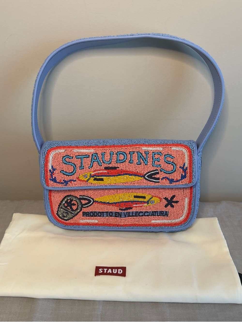 STAUD Coral and Light Blue Beaded Staudines Shoulder Bag